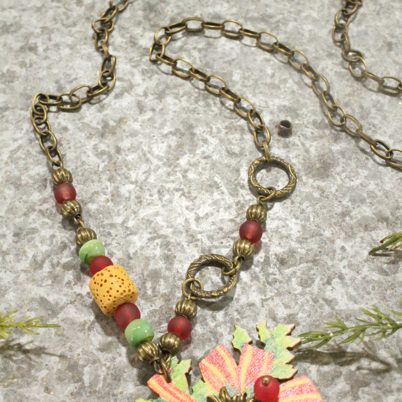 Bronze Bell & Holly Berry Vintage Pendant Necklace