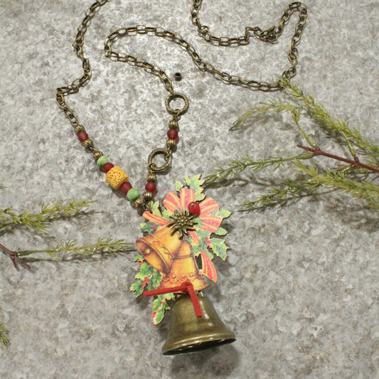 Bronze Bell & Holly Berry Vintage Pendant Necklace