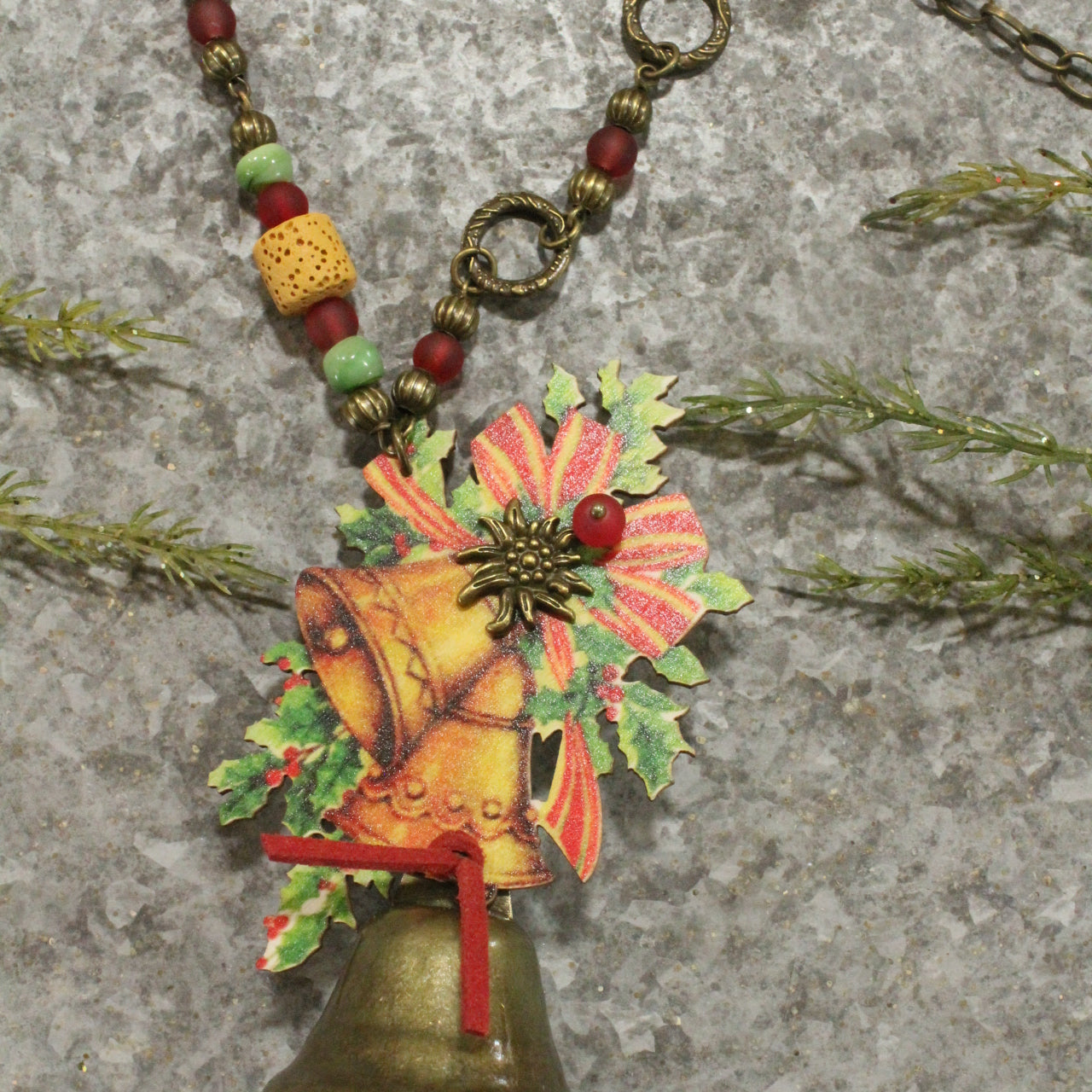 Bronze Bell & Holly Berry Vintage Pendant Necklace