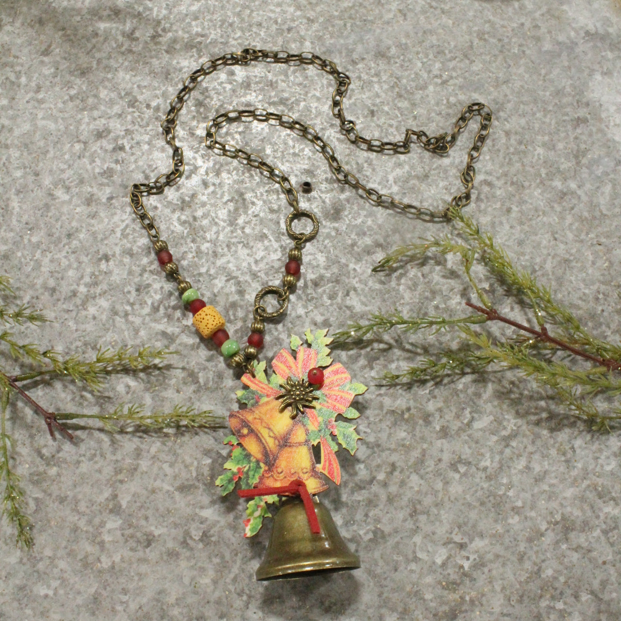 Bronze Bell & Holly Berry Vintage Pendant Necklace