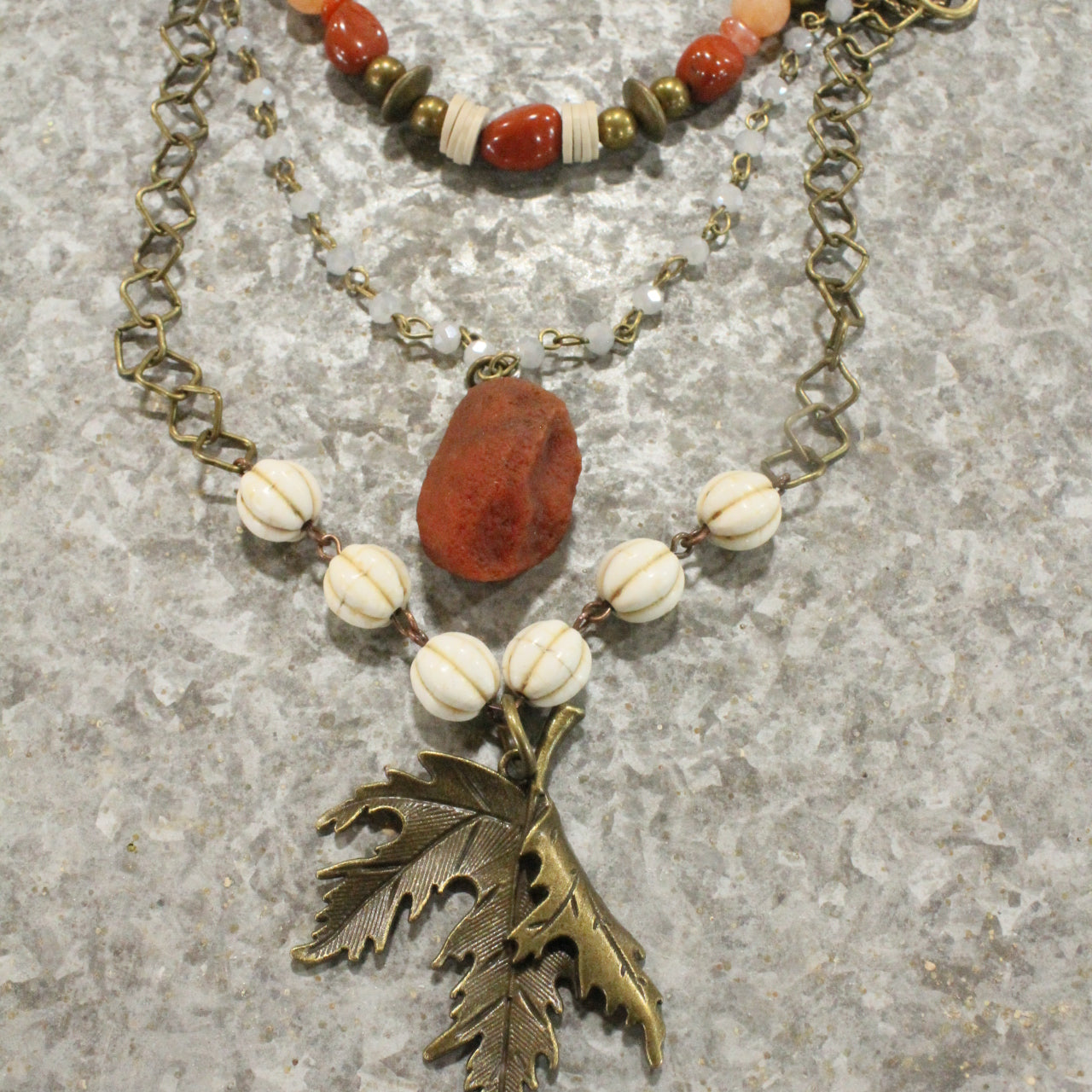 Rusty Pumpkin & Leaf Layered Fall Necklace