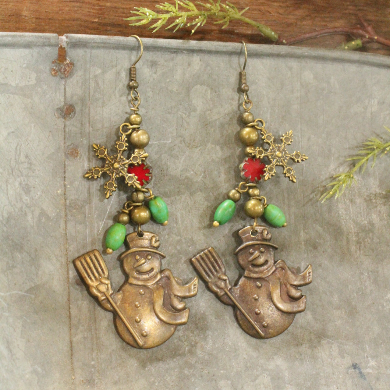 Czech Holly & Vintage Find Brass Snowman Dangle Earrings