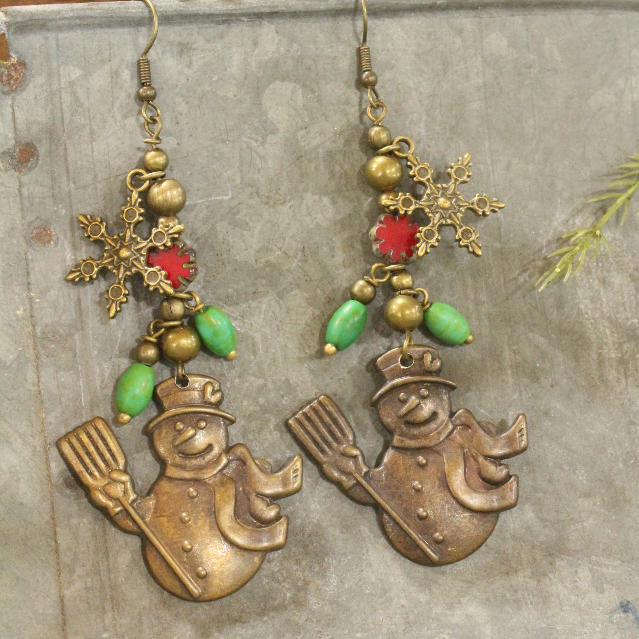 Czech Holly & Vintage Find Brass Snowman Dangle Earrings