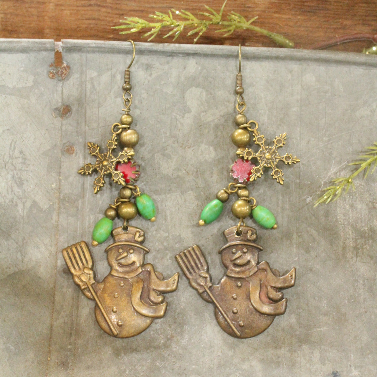 Czech Holly & Vintage Find Brass Snowman Dangle Earrings