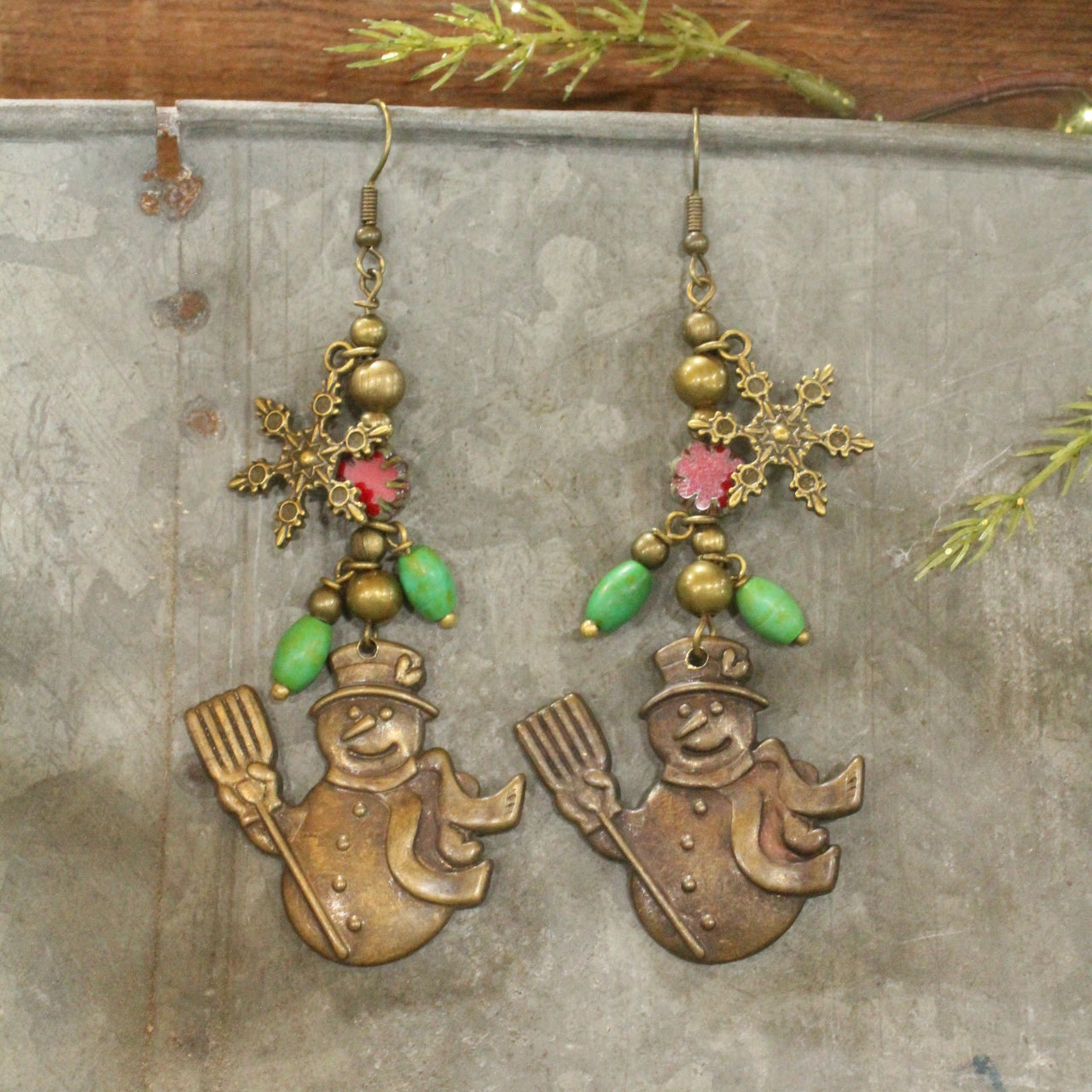 Czech Holly & Vintage Find Brass Snowman Dangle Earrings