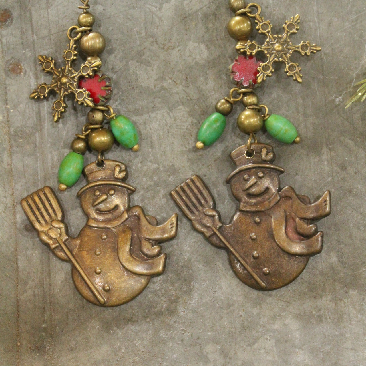 Czech Holly & Vintage Find Brass Snowman Dangle Earrings