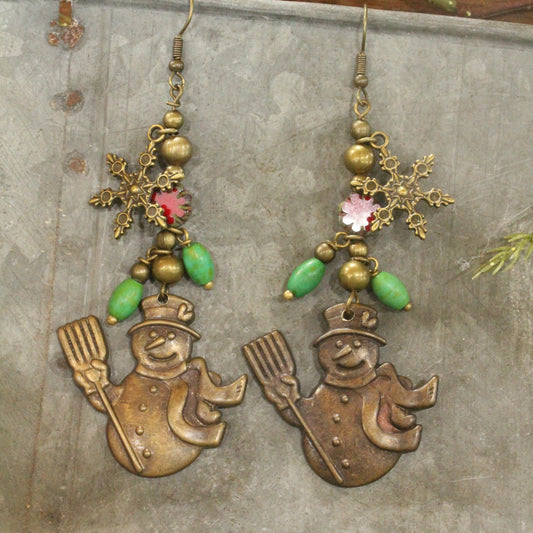 Czech Holly & Vintage Find Brass Snowman Dangle Earrings