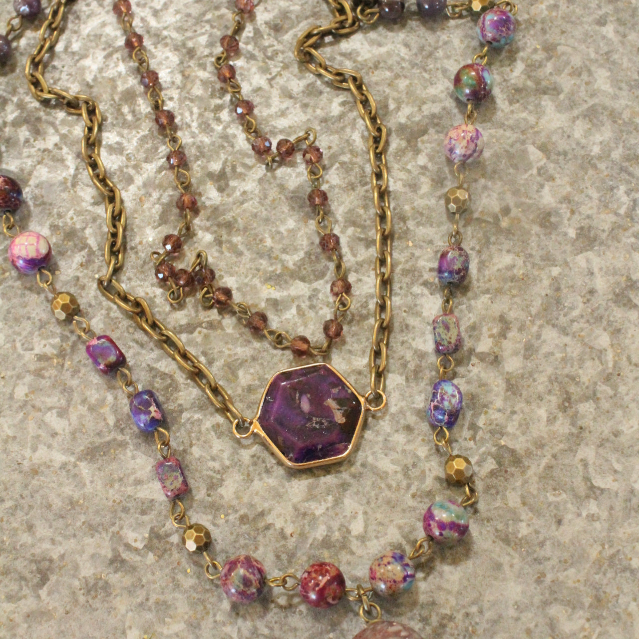 Bohemian Layered Purple Stone & Crystal Necklace