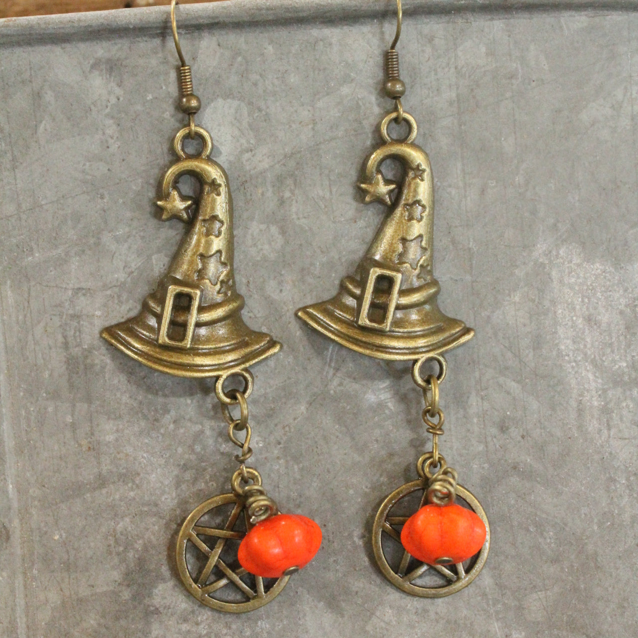 Bronze Witch's Hat & Pumpkin Earrings