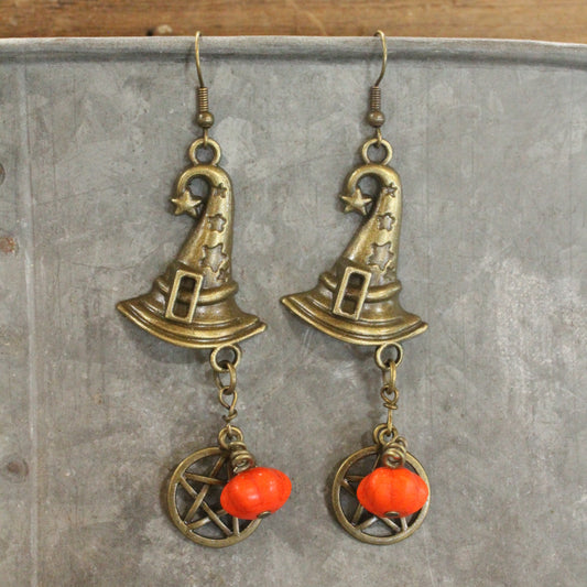 Bronze Witch's Hat & Pumpkin Earrings