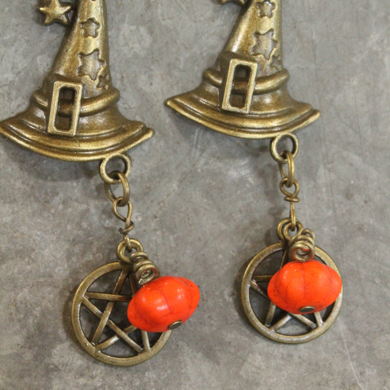 Bronze Witch's Hat & Pumpkin Earrings