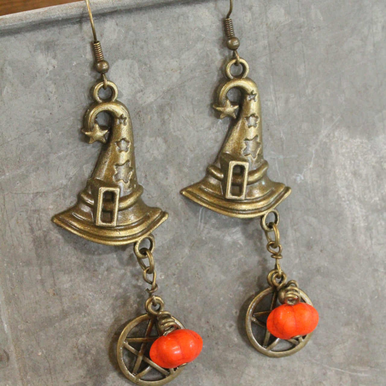 Bronze Witch's Hat & Pumpkin Earrings