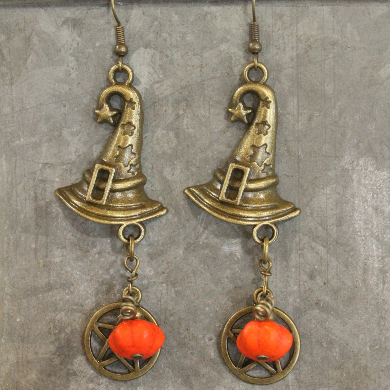 Bronze Witch's Hat & Pumpkin Earrings