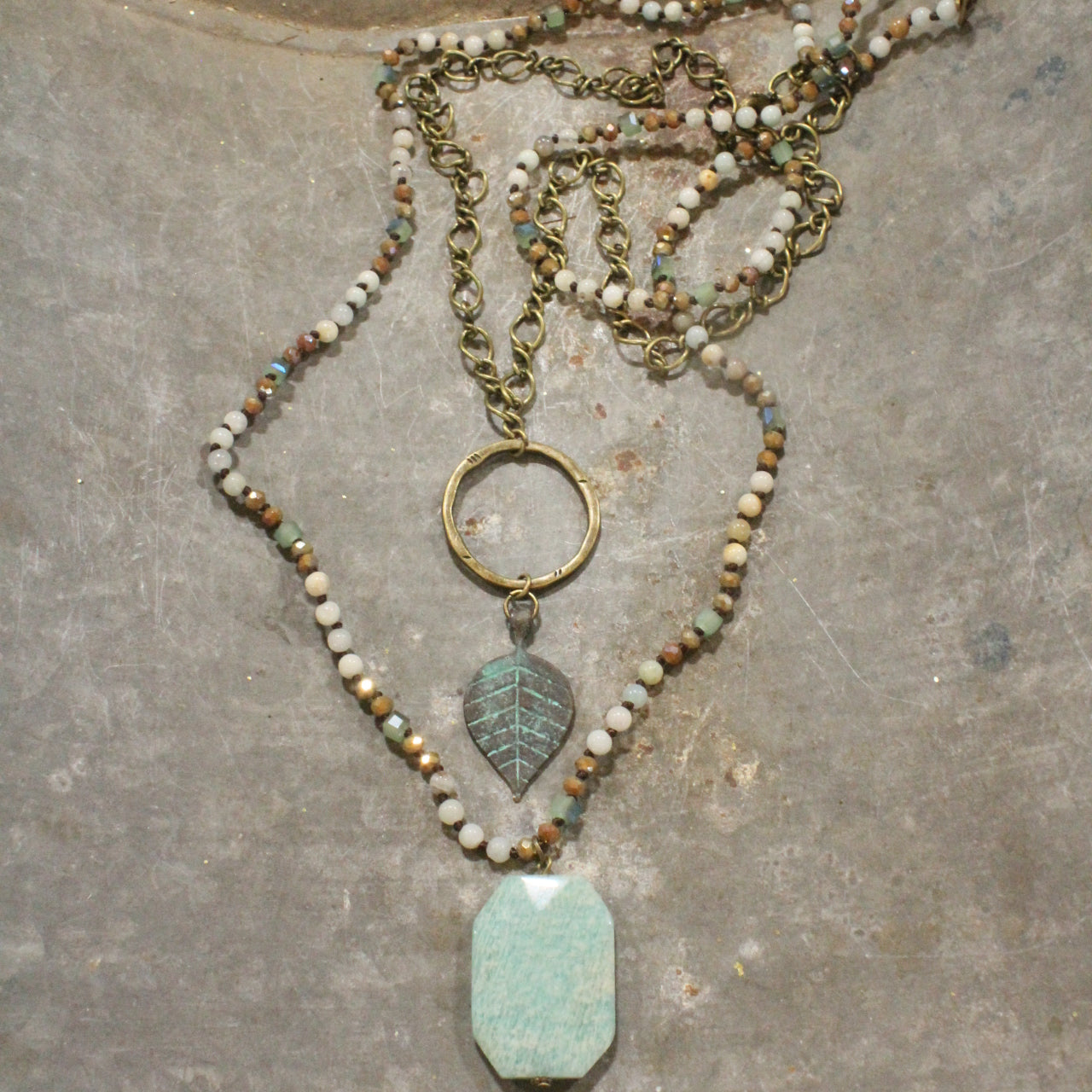 Verdigris Leaf & Beaded Stone Necklace