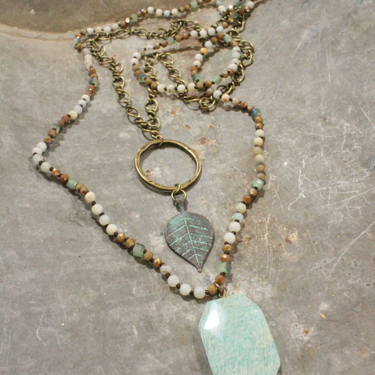 Verdigris Leaf & Beaded Stone Necklace