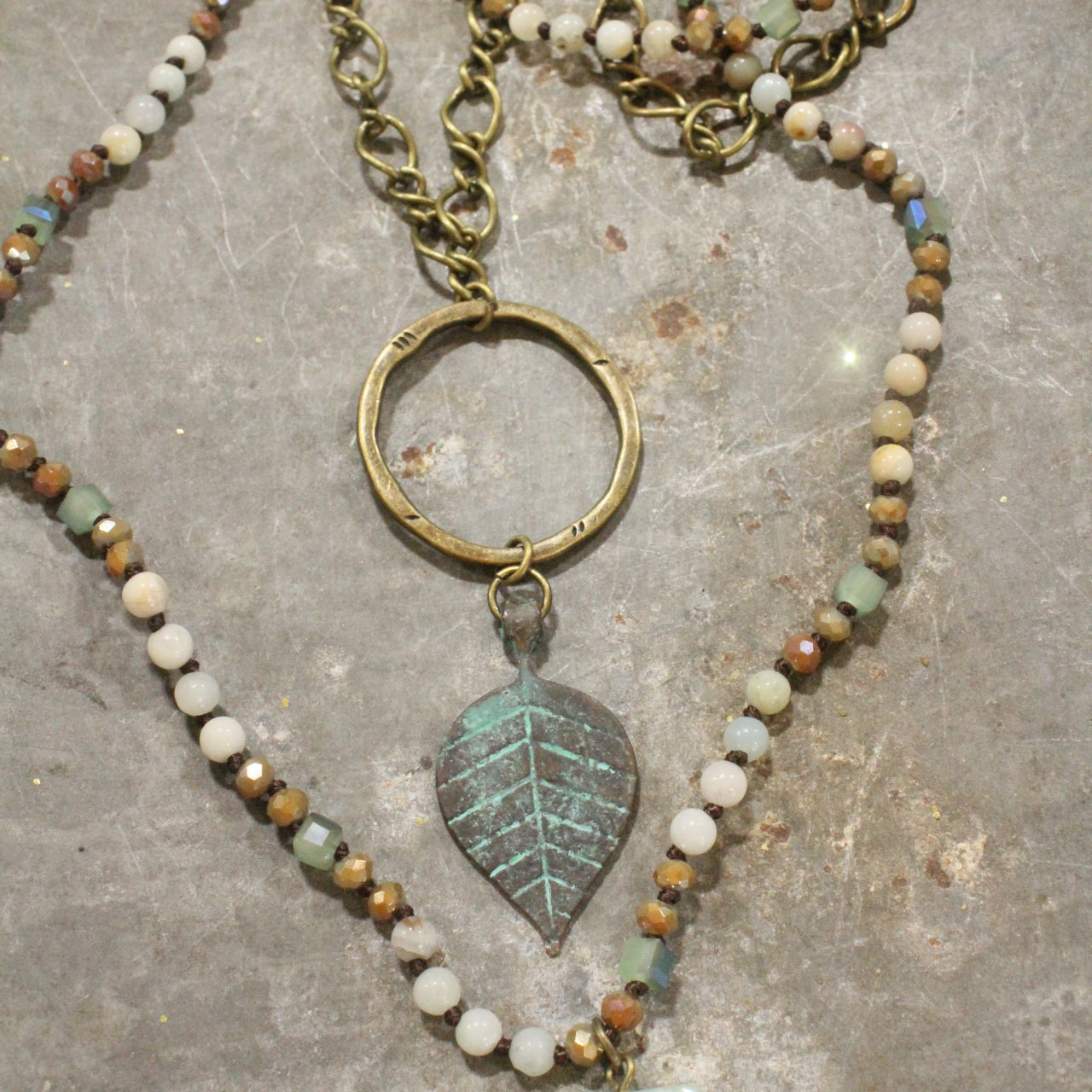 Verdigris Leaf & Beaded Stone Necklace