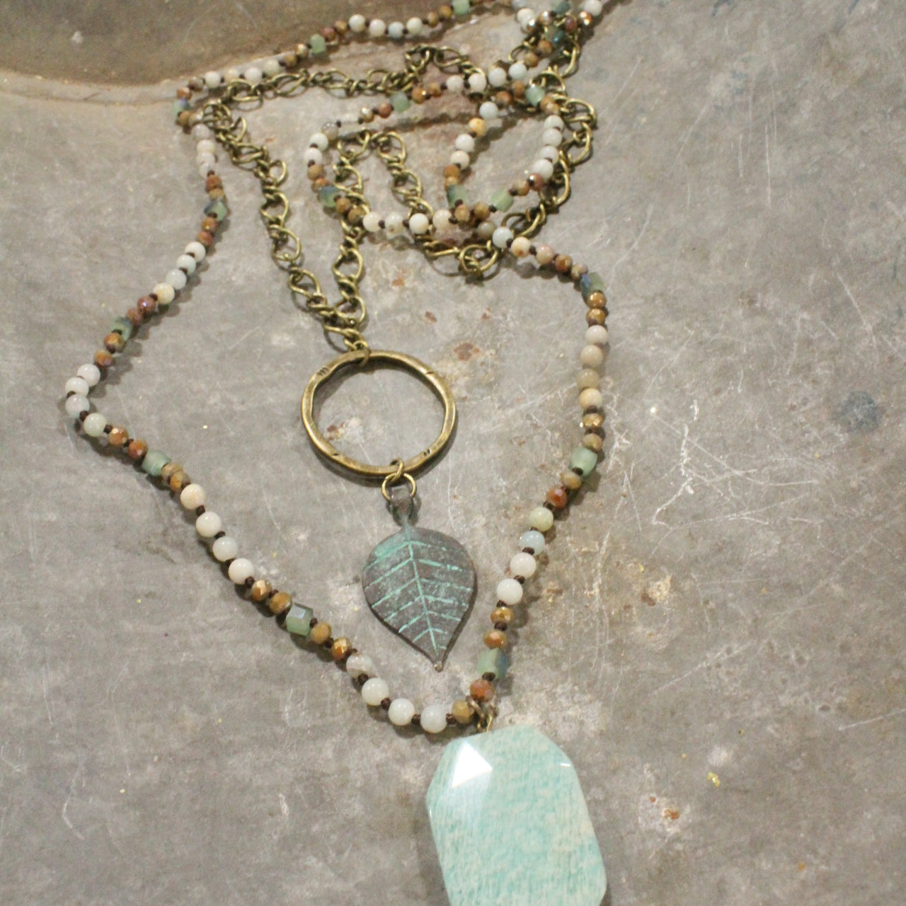 Verdigris Leaf & Beaded Stone Necklace