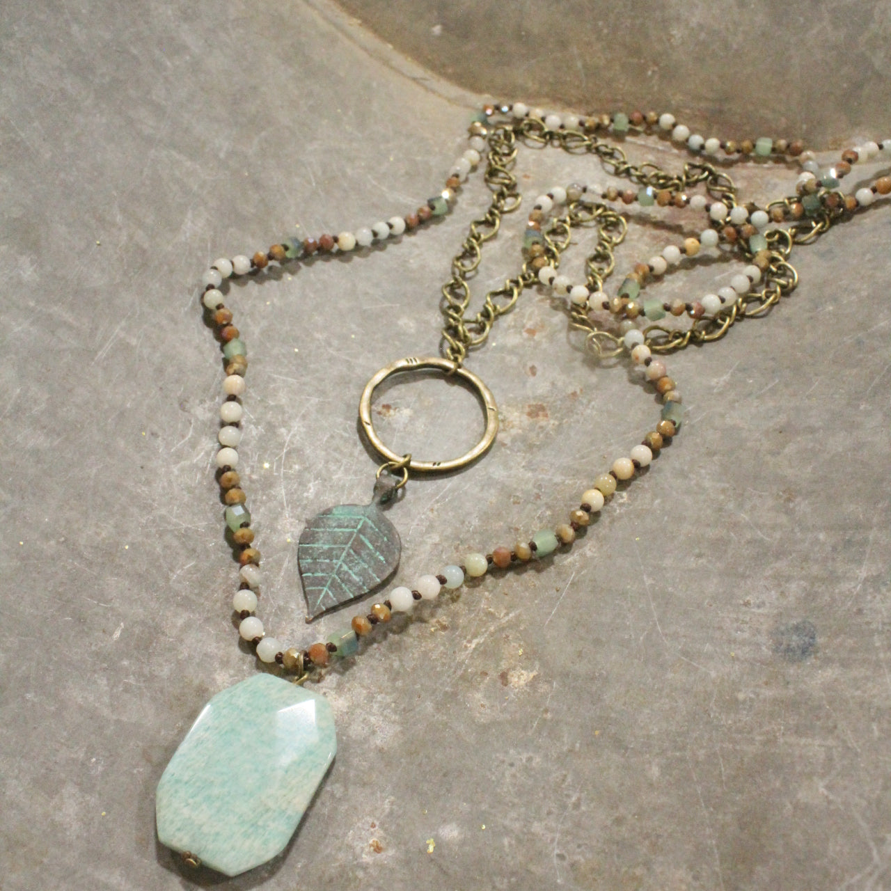 Verdigris Leaf & Beaded Stone Necklace