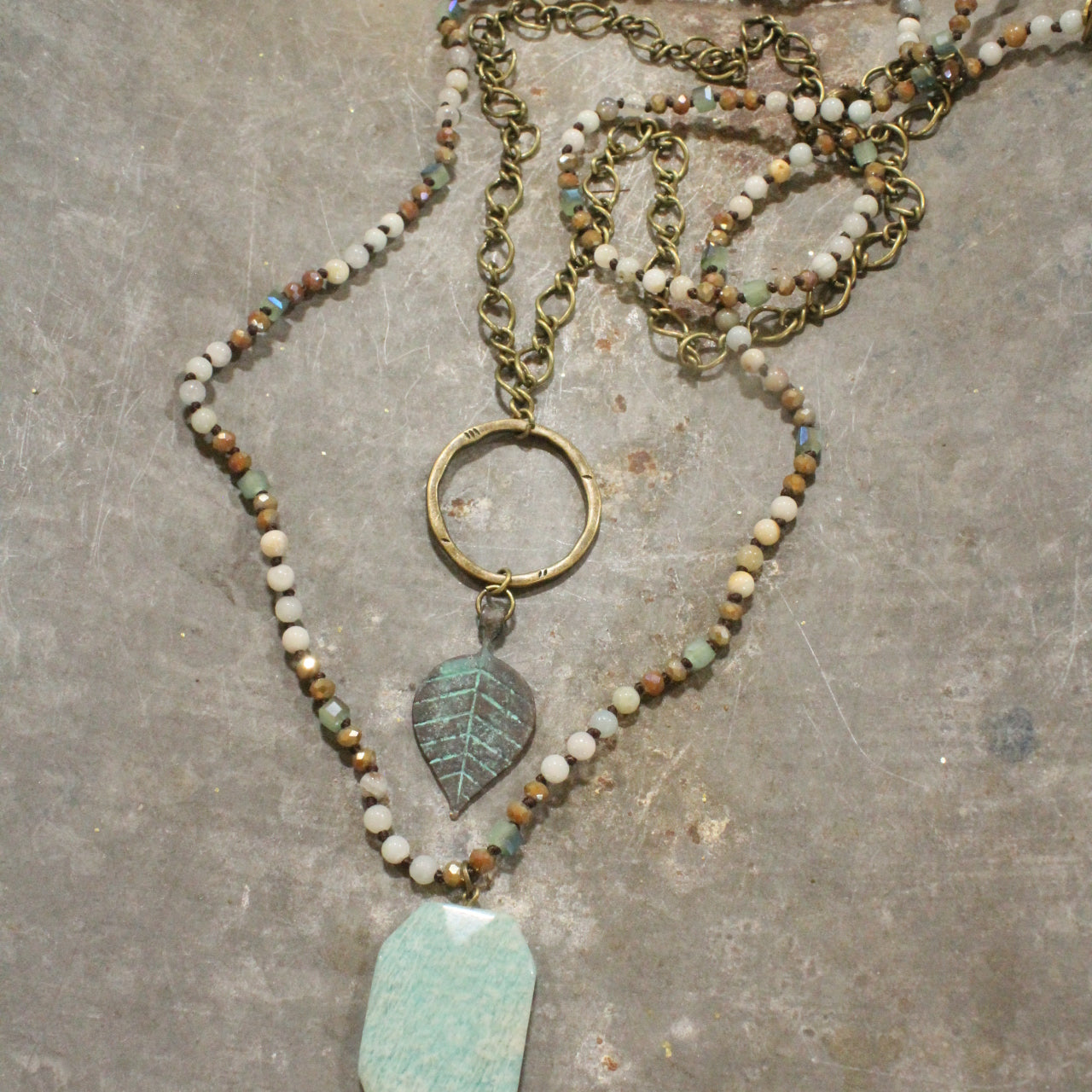 Verdigris Leaf & Beaded Stone Necklace