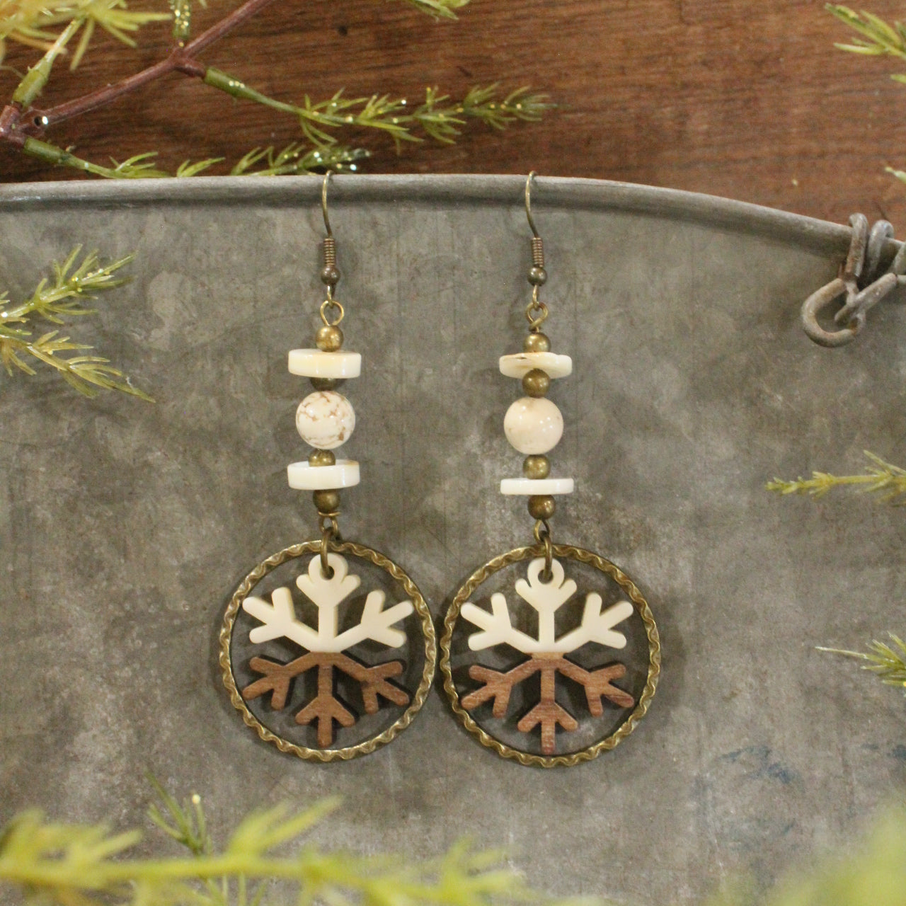 Bronze & Wood Hoop Snowflake Dangle Earrings