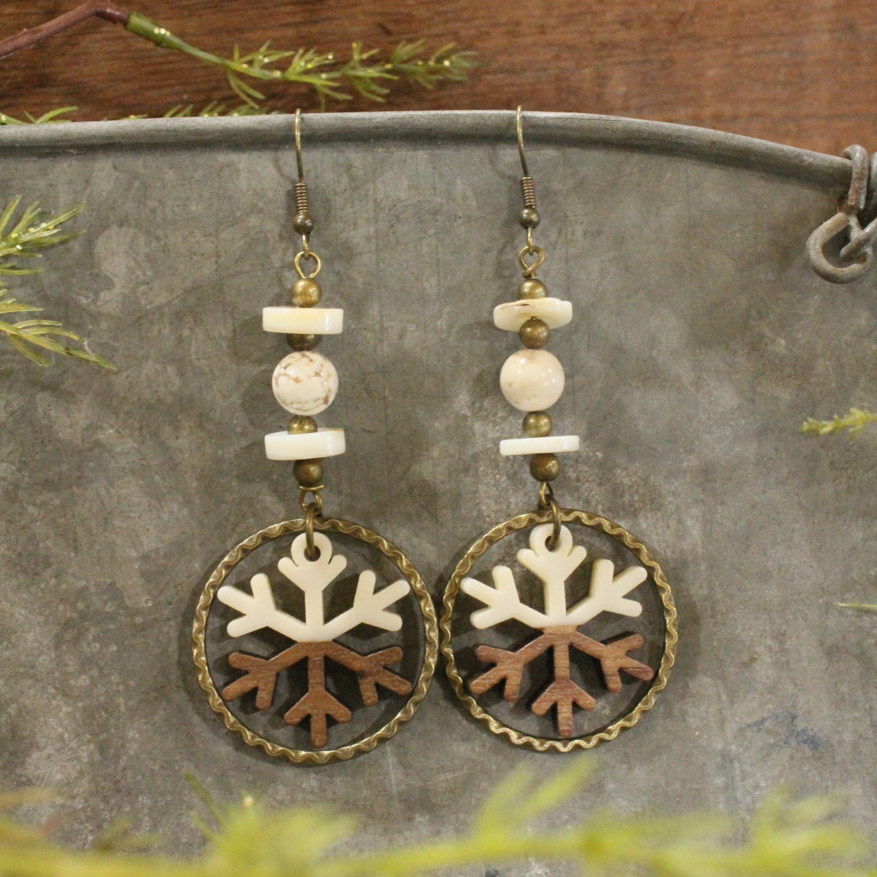 Bronze & Wood Hoop Snowflake Dangle Earrings