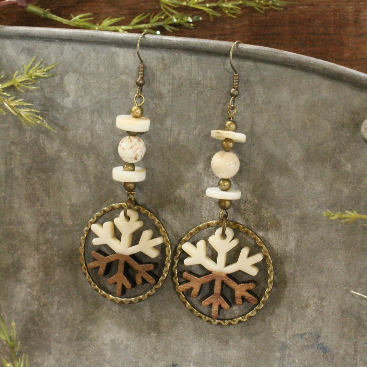 Bronze & Wood Hoop Snowflake Dangle Earrings