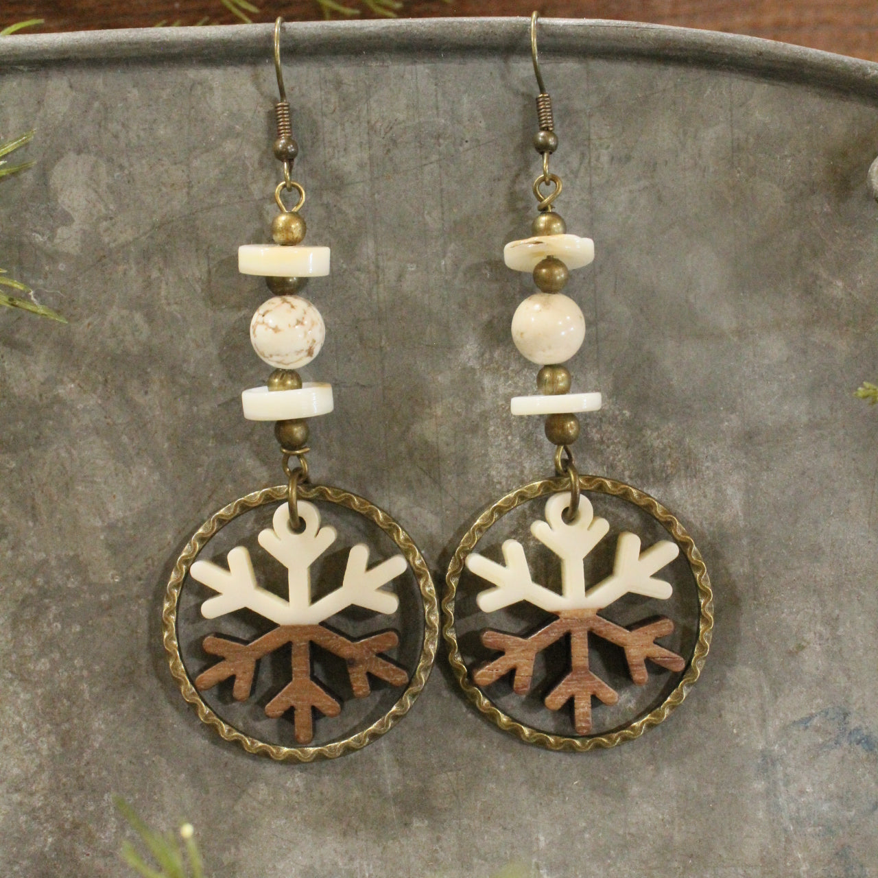 Bronze & Wood Hoop Snowflake Dangle Earrings