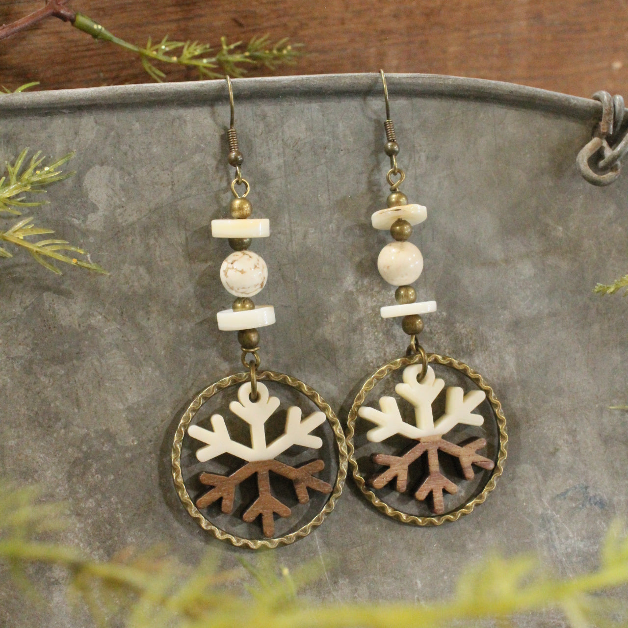 Bronze & Wood Hoop Snowflake Dangle Earrings