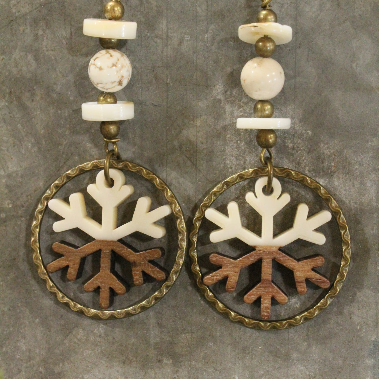 Bronze & Wood Hoop Snowflake Dangle Earrings