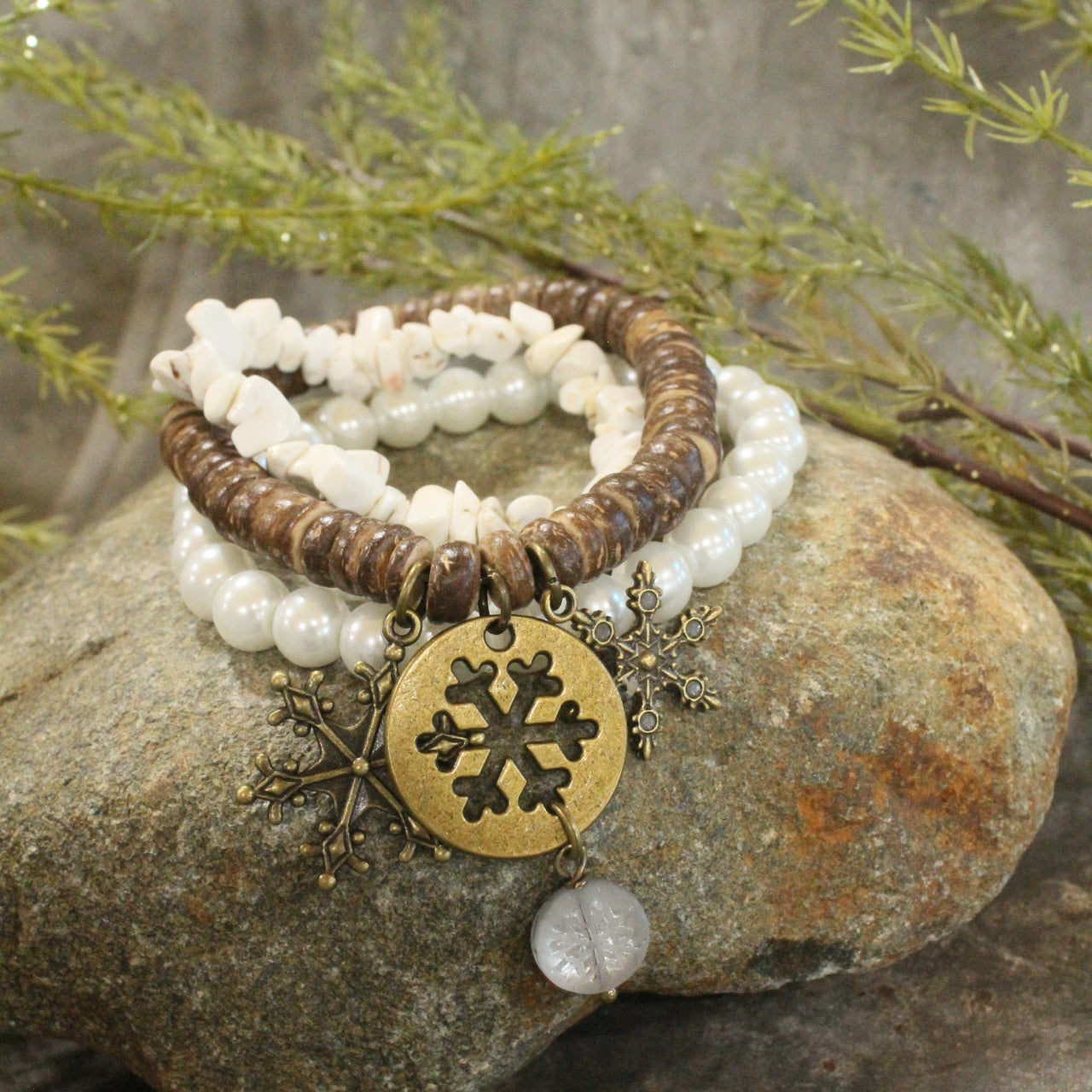 Czech Stone & Bronze Snowflake Stretch White Bracelet Set