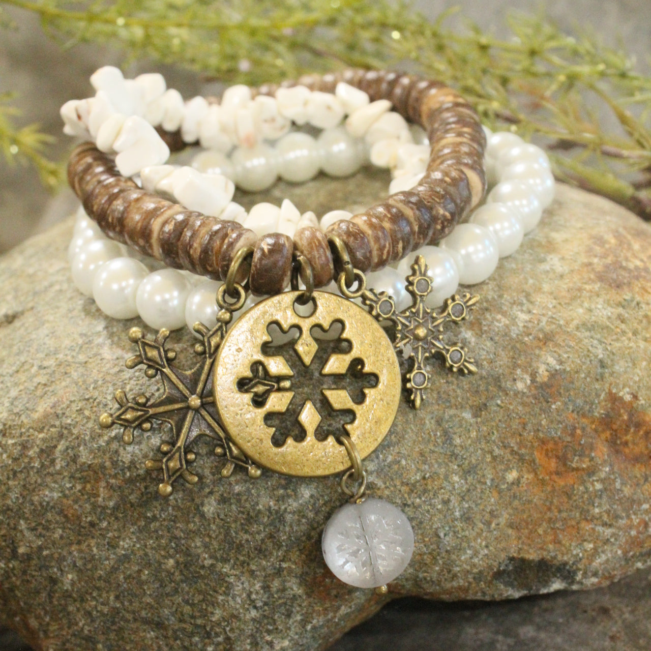 Czech Stone & Bronze Snowflake Stretch White Bracelet Set