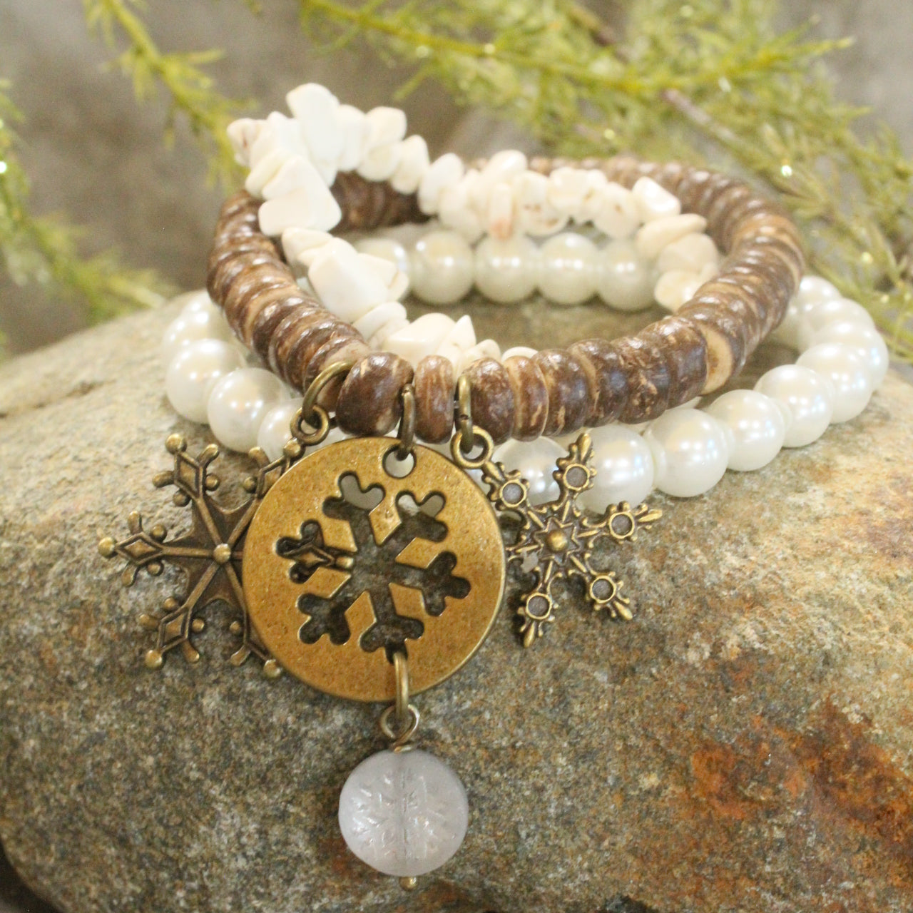 Czech Stone & Bronze Snowflake Stretch White Bracelet Set