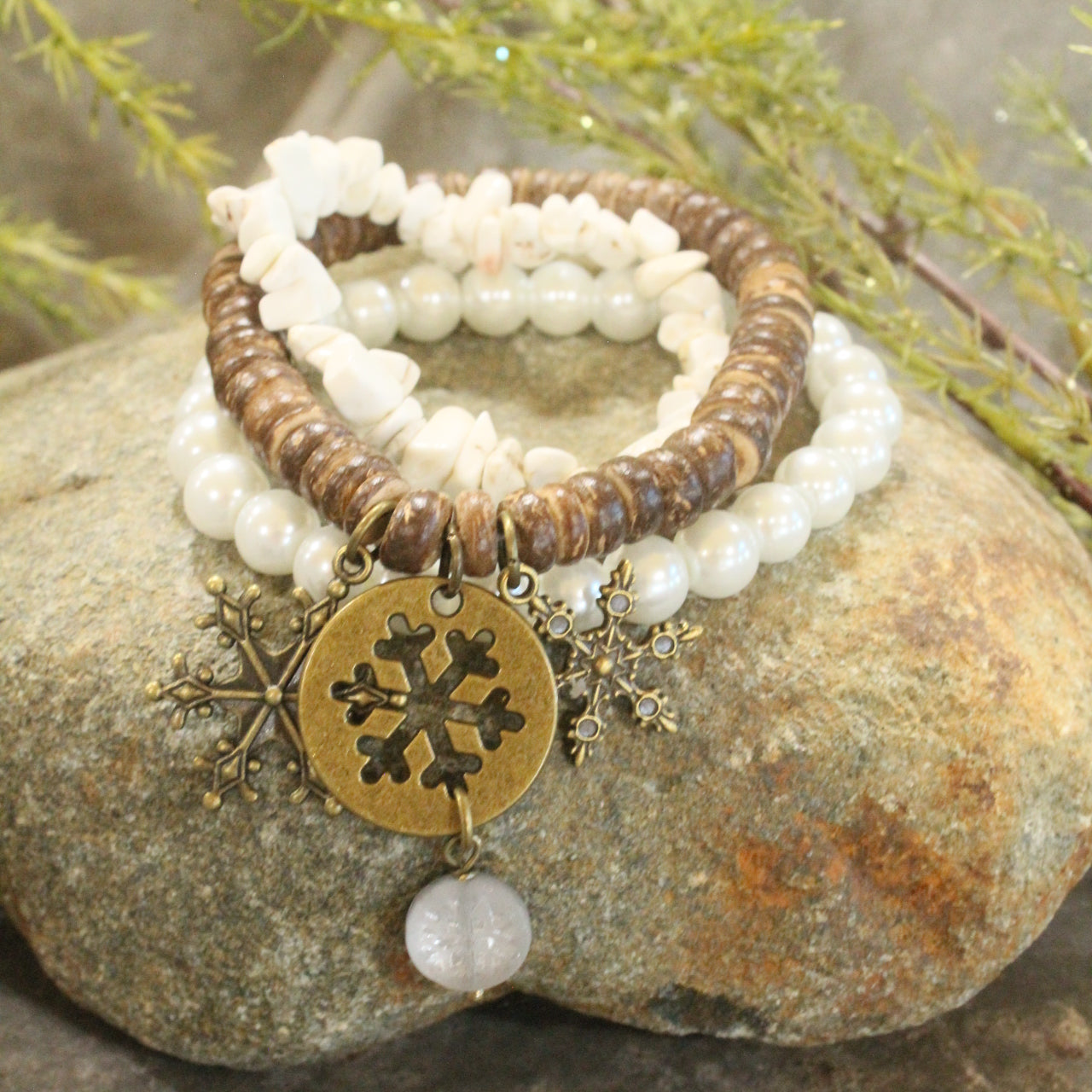 Czech Stone & Bronze Snowflake Stretch White Bracelet Set