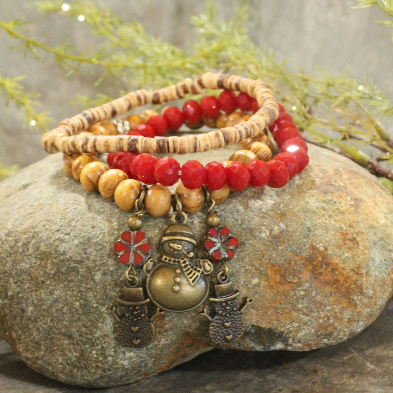 Czech Stone & Bronze Snowman Stretch Bracelet Set