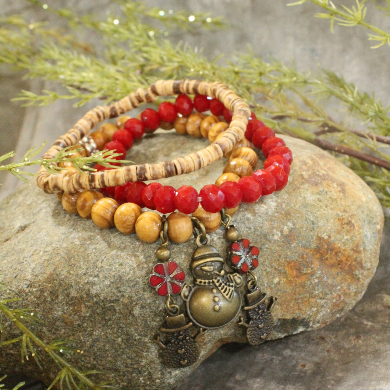 Czech Stone & Bronze Snowman Stretch Bracelet Set