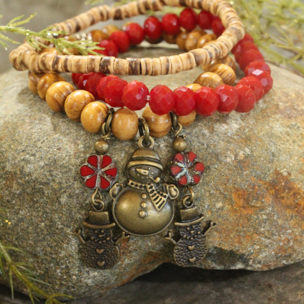 Czech Stone & Bronze Snowman Stretch Bracelet Set