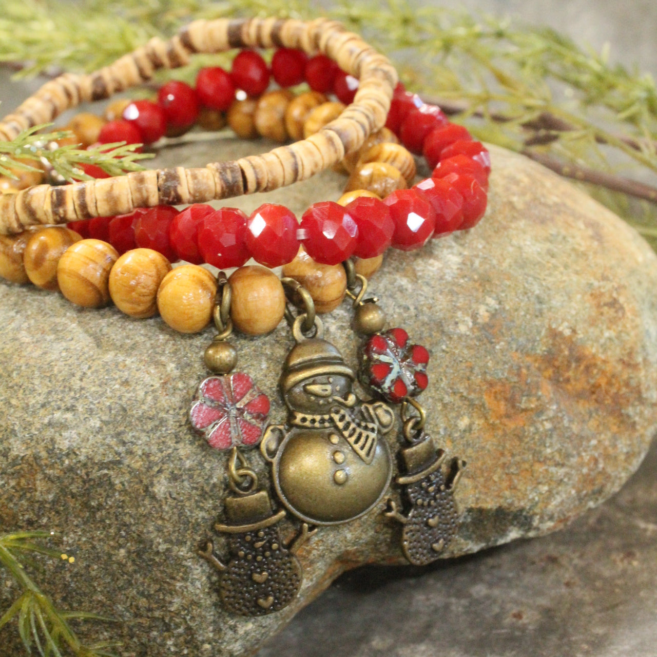 Czech Stone & Bronze Snowman Stretch Bracelet Set