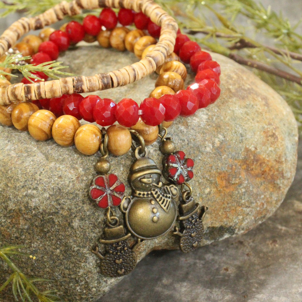 Czech Stone & Bronze Snowman Stretch Bracelet Set