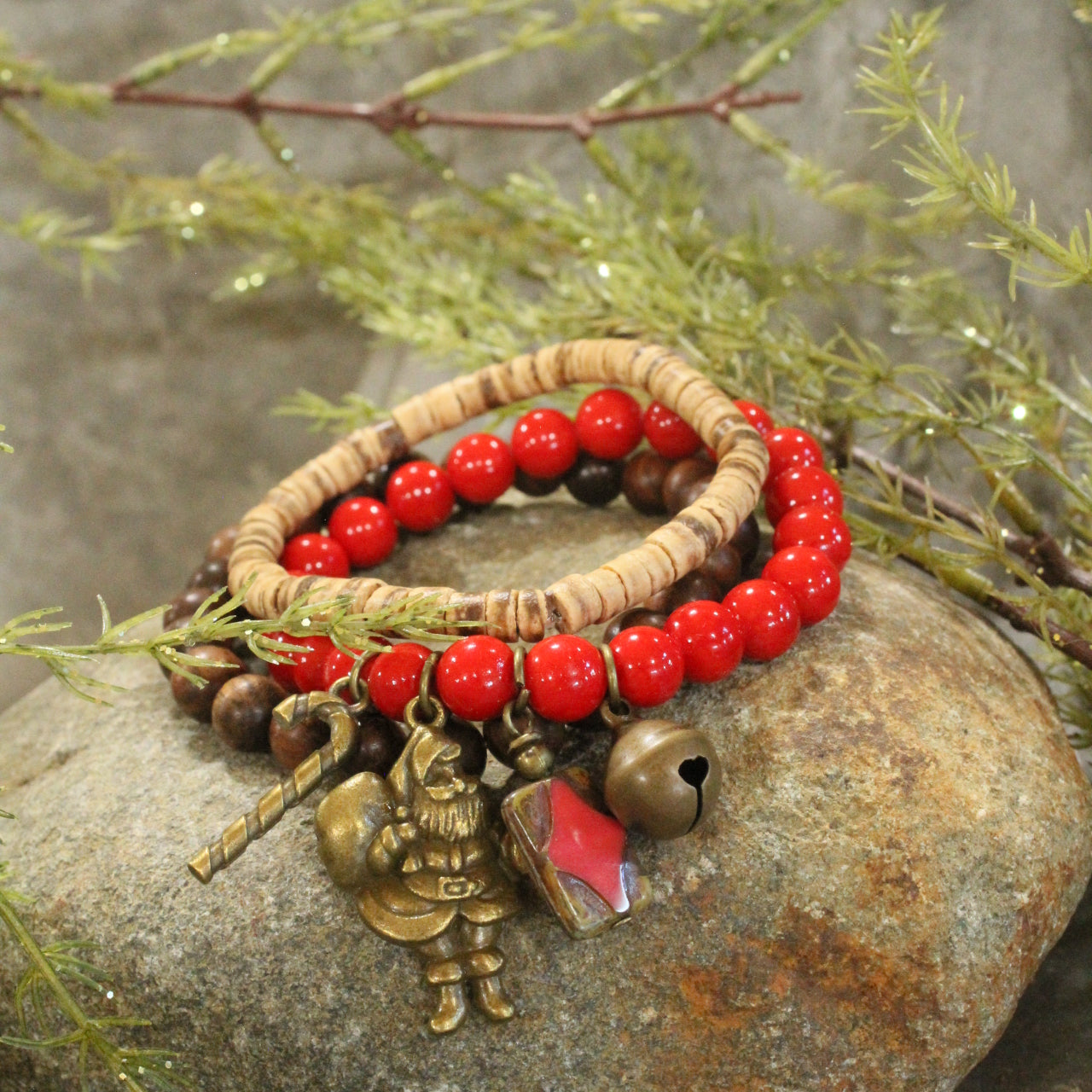 Czech Stone & Bronze Santa Stretch Bracelet Set