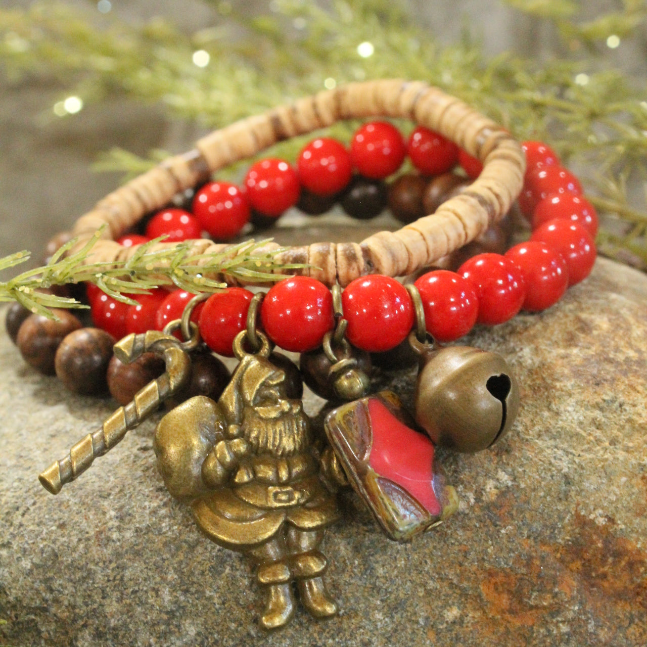 Czech Stone & Bronze Santa Stretch Bracelet Set