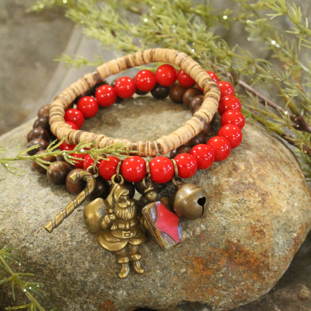 Czech Stone & Bronze Santa Stretch Bracelet Set