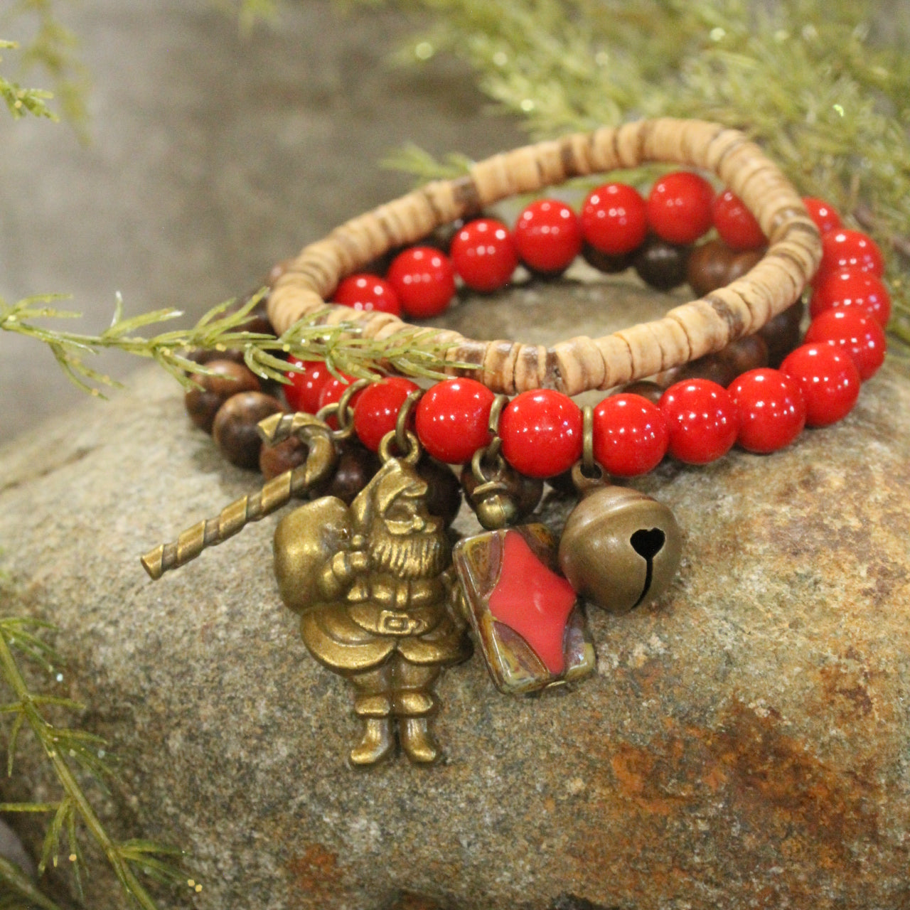 Czech Stone & Bronze Santa Stretch Bracelet Set