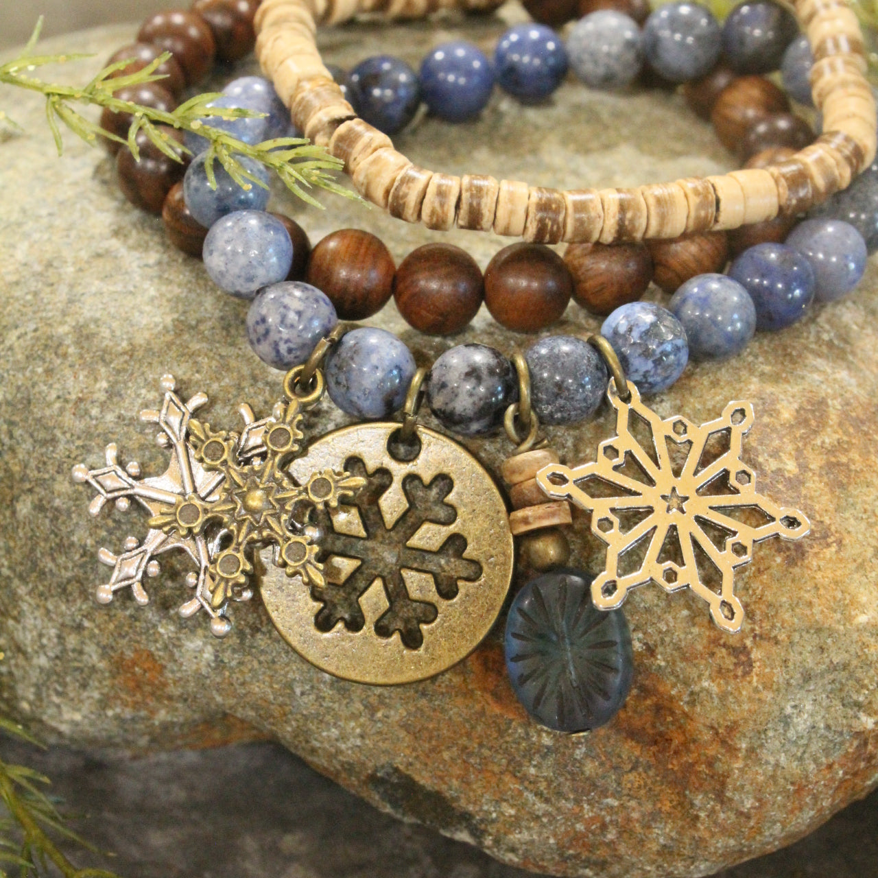 Czech Stone & Bronze Snowflake Stretch Blue Bracelet Set