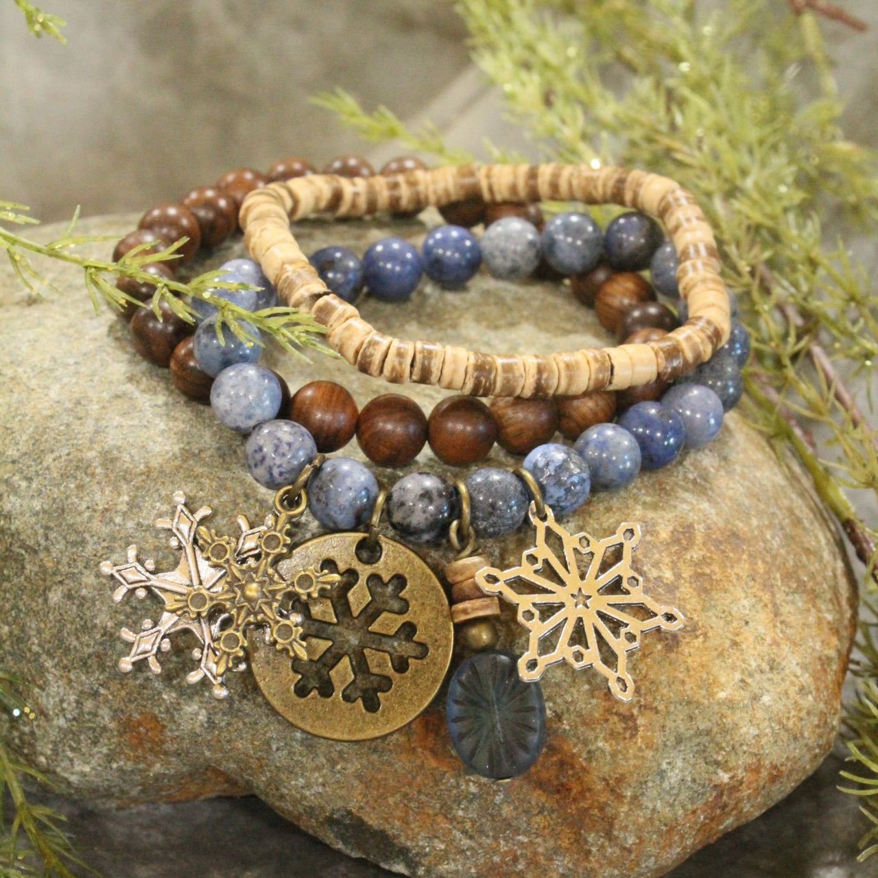 Czech Stone & Bronze Snowflake Stretch Blue Bracelet Set