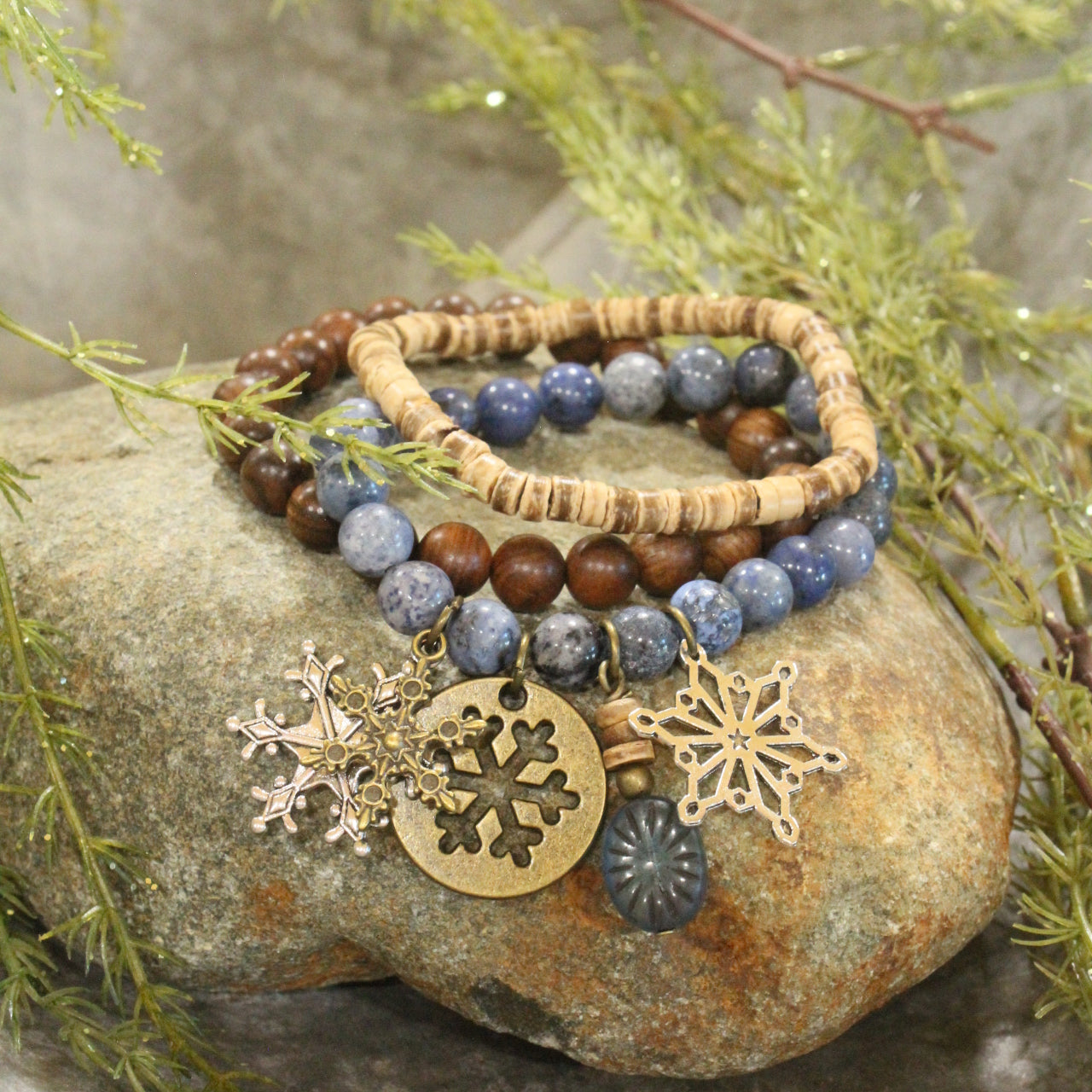 Czech Stone & Bronze Snowflake Stretch Blue Bracelet Set