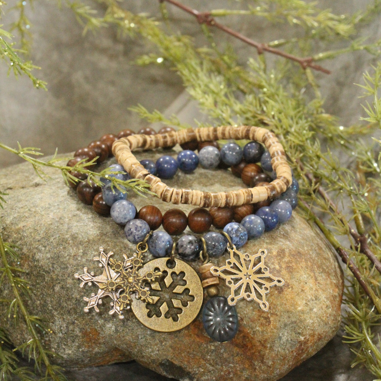 Czech Stone & Bronze Snowflake Stretch Blue Bracelet Set