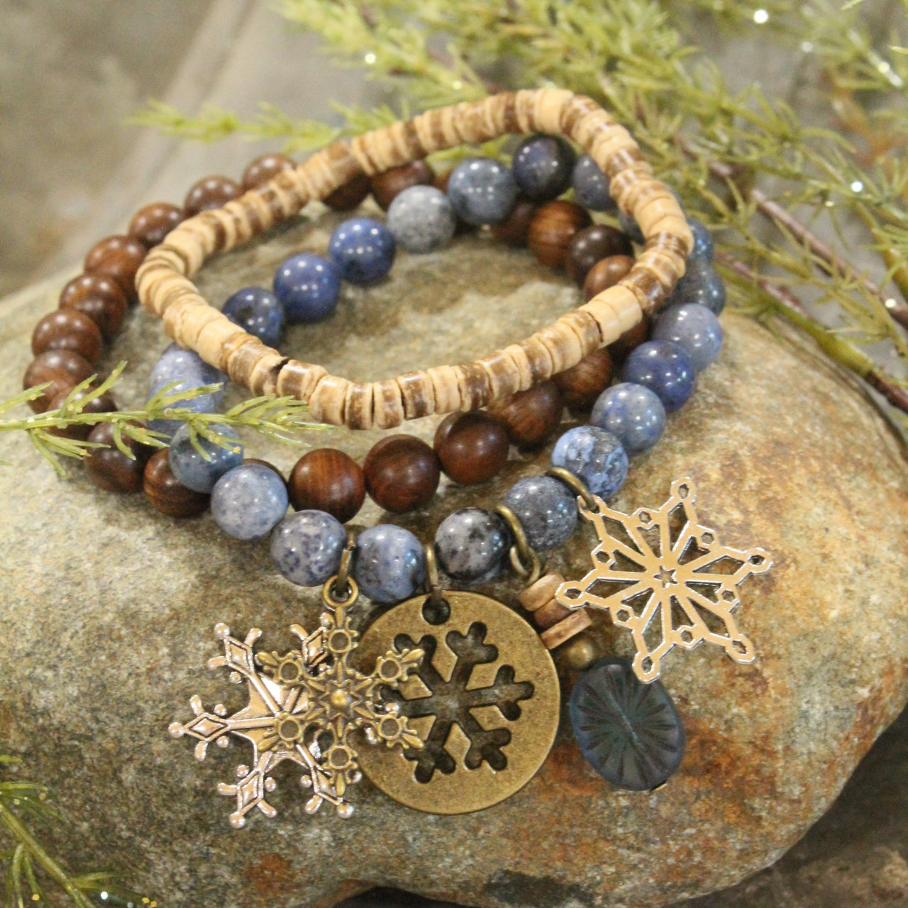 Czech Stone & Bronze Snowflake Stretch Blue Bracelet Set