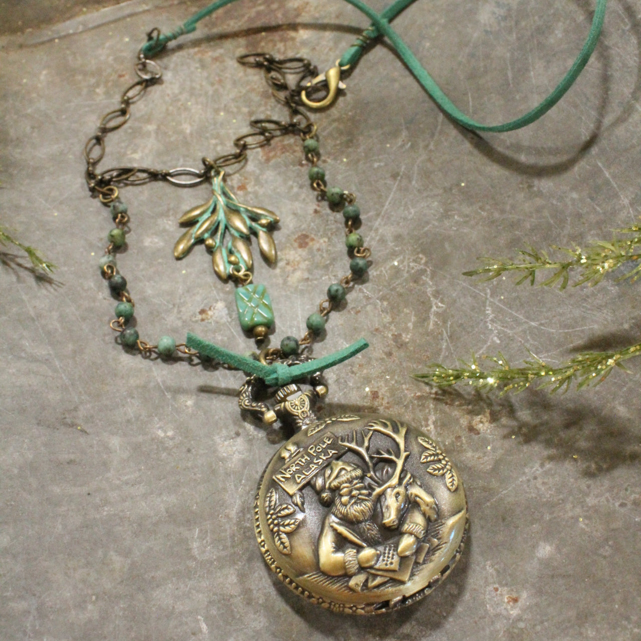 Santa Time Bronze & Czech Mistletoe Pendant Necklace