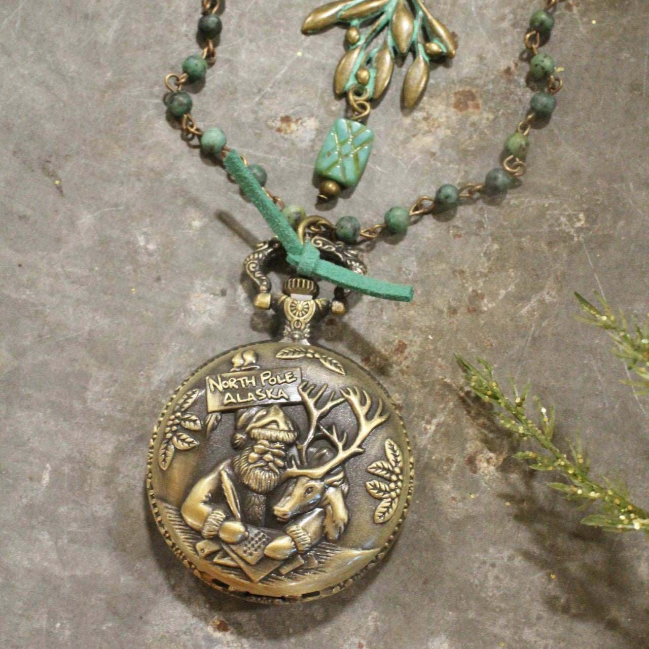 Santa Time Bronze & Czech Mistletoe Pendant Necklace