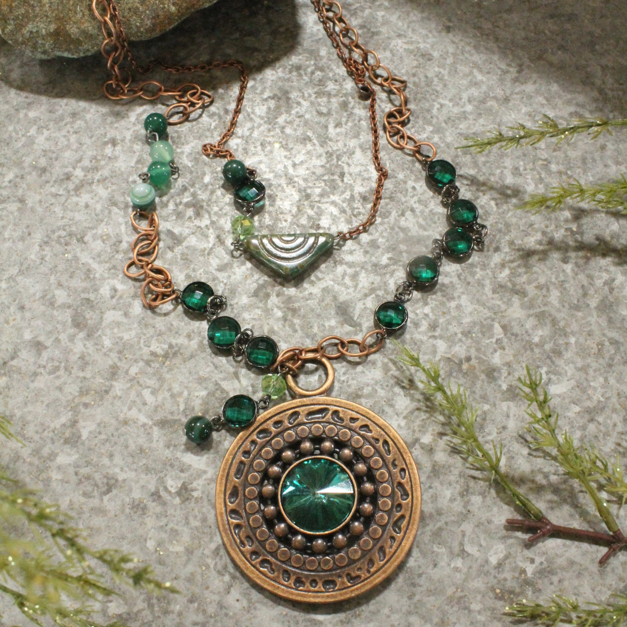 Copper & Green Czech Festive Holiday Layered Necklace